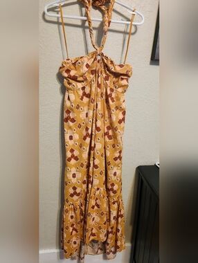 Aerie Tie-Neck Deep Yellow Patterned Maxi Dress XL